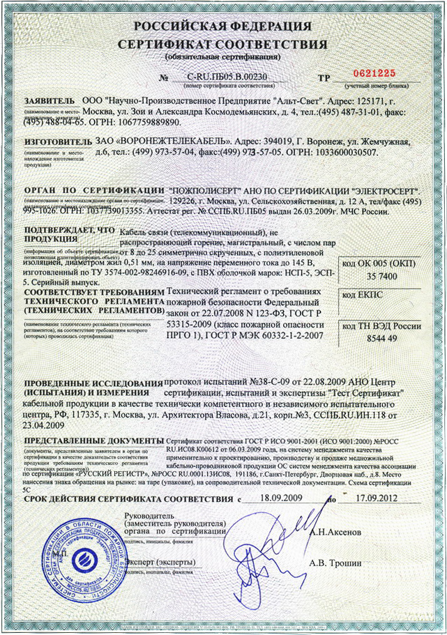 Сертификаты На Кабель Тпппзп